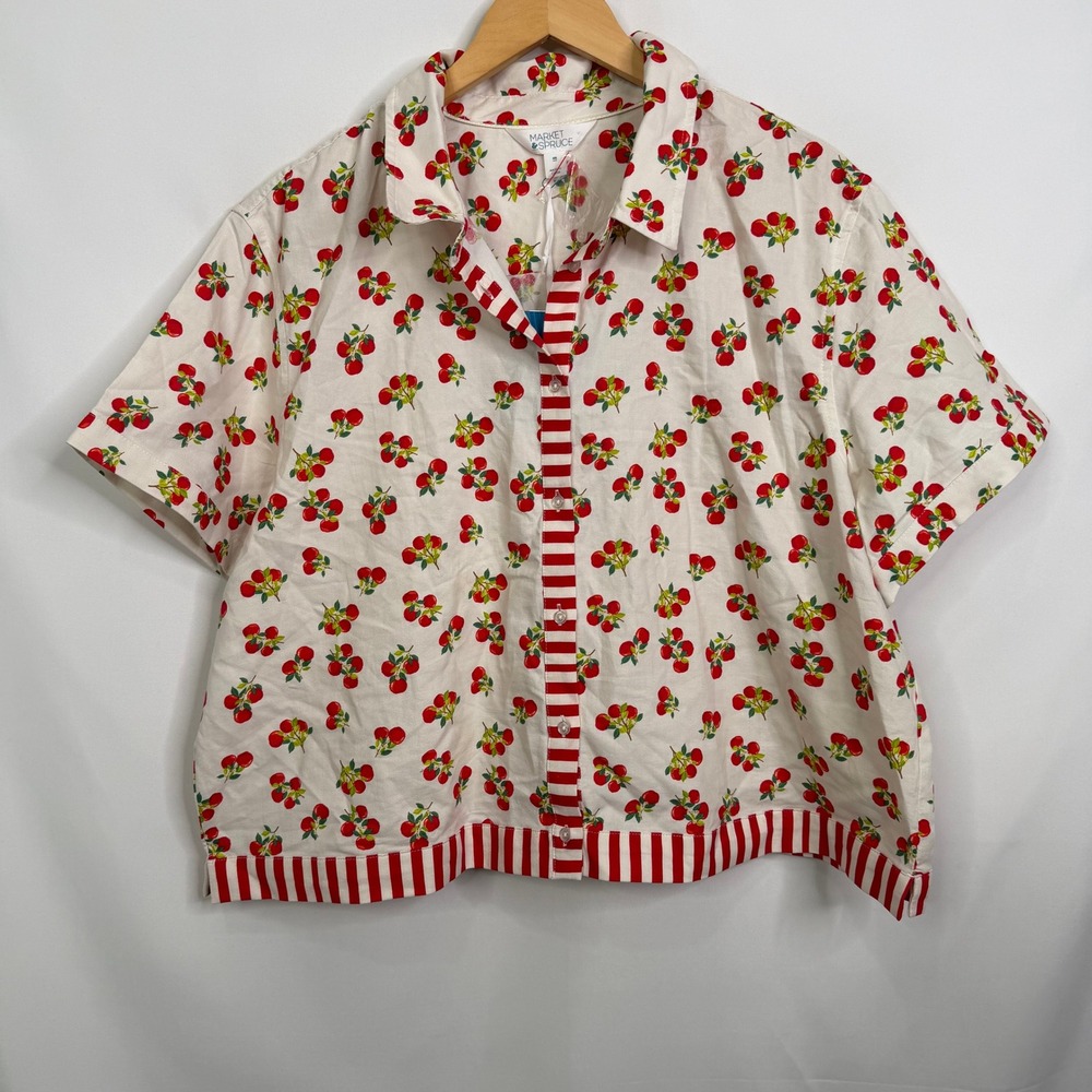 Market & Spruce Court Boxy Crop Cotton Shirt White Red Cherry Print XXL NWT - Picture 8 of 8